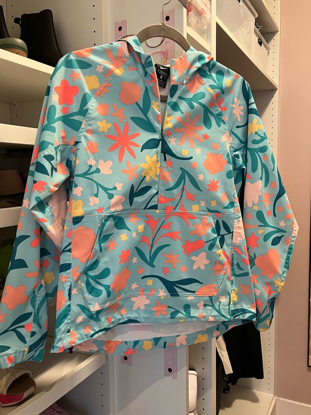 Nike Aqua Floral Hooded Pullover Rain Jacket